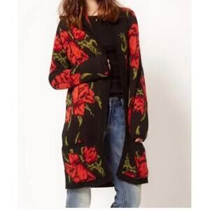 Free People Flower Power Cardigan Floral Wool Alpaca Blend Sweater Black XS
